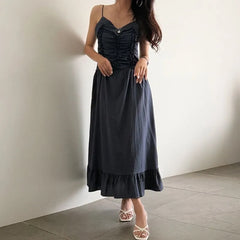Spaghetti Strap V-Neck Ruched Plain Maxi A-Line Dress