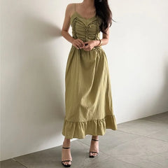 Spaghetti Strap V-Neck Ruched Plain Maxi A-Line Dress