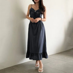 Spaghetti Strap V-Neck Ruched Plain Maxi A-Line Dress