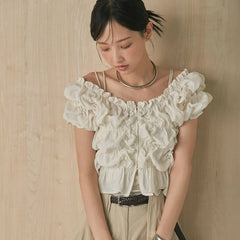 Short-Sleeve Scoop Neck Plain Ruched Blouse