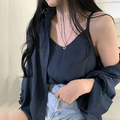 Set: Long-Sleeve Plain Shirt + V-Neck Camisole Top