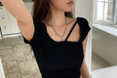 Short-Sleeve Square Neck Plain Ruched Crop T-Shirt