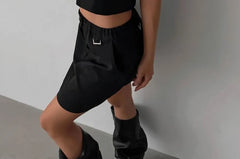 Set: Sleeveless Square Neck Plain Crop Top + Elastic Waist Plain Mini A-Line Skirt