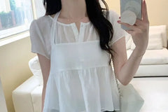 Short-Sleeve Notch Neck Plain Flowy Blouse