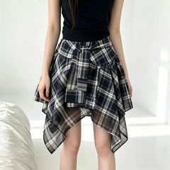 High Waist Plaid Asymmetrical Mini A-Line Skirt