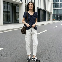 Short Sleeve V-Neck Drawstring Plain Slim-Fit Blouse