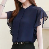 Flutter Sleeve Band Collar Plain Chiffon Shirt
