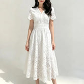 Eyelet Lace Short-Sleeve Midi A-Line Dress