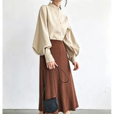 Balloon-Sleeve Long-Sleeve Mandarin-Collar Plain Blouse