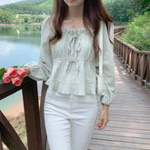 Ruffle Trim Square-Neck Long-Sleeve Blouse