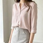 Elbow-Sleeve Striped Blouse