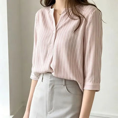 Elbow-Sleeve Striped Blouse