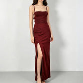 Spaghetti Strap Side-Slit Lace-Up Back Glitter Bodycon Midi Dress