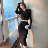 Set: Long-Sleeve Cropped T-Shirt + High Waist Midi Pencil Skirt