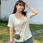 Short-Sleeve U-Neck Tie-Accent
Knit Top
