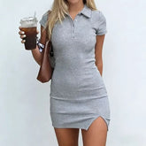 Short-Sleeve Plain Mini Sheath Slit Polo Dress