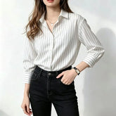Long-Sleeve Collar Pinstriped Blouse