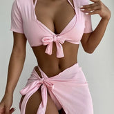 Set: Halter-Neck Bikini + Wrap Swim Skirt + Short-Sleeve Cover Up