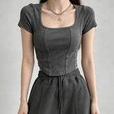 Short-Sleeve Square Neck Slim Fit Cropped T-Shirt