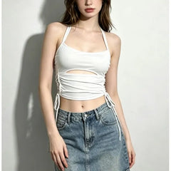 Halter Neck Plain Cut-Out Side Drawstring Slim-Fit Crop Camisole Top