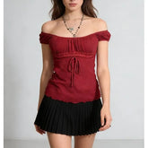 Short Sleeve Off Shoulder Plain Lace Panel Tie-Front Sheer Top