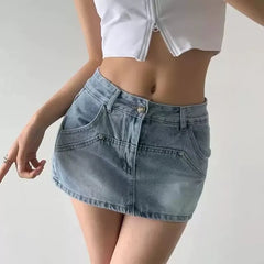 Low-Rise Denim Mini Pencil Skirt