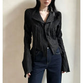 Long-Sleeve V-Neck Plain Asymmetric Hem Ruched Shirt