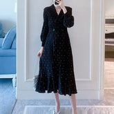 Maternity Puff-Sleeve V-Neck Dotted Midi A-Line Dress