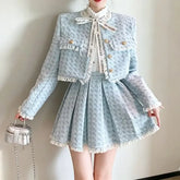 Set: Tweed Tassel Trim Button-Up Jacket + High Rise Pleated Mini A-Line Skirt