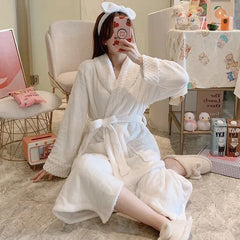 Plain Tie-Waist Fleece Pajama Robe