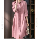 Long-Sleeve Plain Linen Midi A-Line Shirt Dress