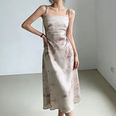 Spaghetti Strap Satin Midi A-Line Dress