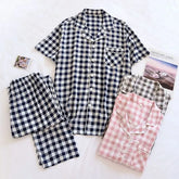 Couple Matching Pajama Set: Short-Sleeve Plaid Top + Pants (Various Designs)