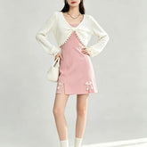 V-Neck Plain Pom Pom Cropped Blouse / Spaghetti Strap Bow Front Slit Mini A-Line Dress
