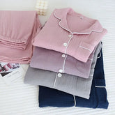 Couple Matching Pajama Set: Long-Sleeve Collared Contrast Trim Top + Elastic Waist Plain Straight Leg Pants