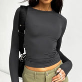 Long-Sleeve Round Neck Plain Slim-Fit Crop Top