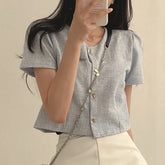 Short-Sleeve Round Neck Plain Blouse