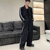 Set: Lapel Collar Striped Button Blazer + Mid Rise Wide Leg Pants