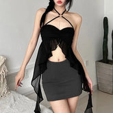 Halter Neck Plain Ruffled Asymmetrical Hem Crop Camisole Top