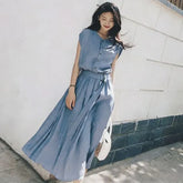 Cap-Sleeve Plain Slit Midi Button-Front Belted Dress