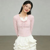 Long-Sleeve Plain Balletcore Crop Top / Mid Rise Tiered Mini A-Line Skirt