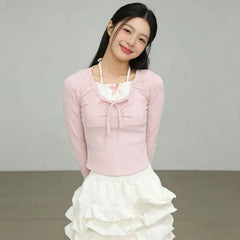 Long-Sleeve Plain Balletcore Crop Top / Mid Rise Tiered Mini A-Line Skirt