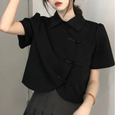 Short-Sleeve Collared Plain Blouse