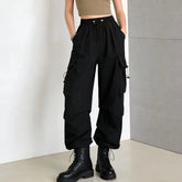 High Waist Plain Drawstring Cargo Baggy Pants