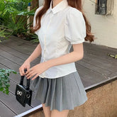 Puff-Sleeve Plain Button-Up Shirt