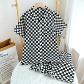 Couple Matching Pajama Set: Short-Sleeve Checkerboard Top + Shorts (Various Designs)