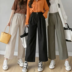 Elastic Waist Plain Cropped Wide Leg Pants