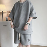 Set: Elbow-Sleeve Crew Neck Waffle T-Shirt + Sweatshorts