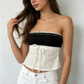 Color-Block Floral Embroidered Lace-Trim Tube Top
