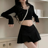 Long-Sleeve V-Neck Plain Crop Tee / Mid Rise Plain Pleated Mini A-Line Skirt